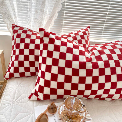 Milk Coral Fleece Pillowcase Pair Of Plaid Flannel