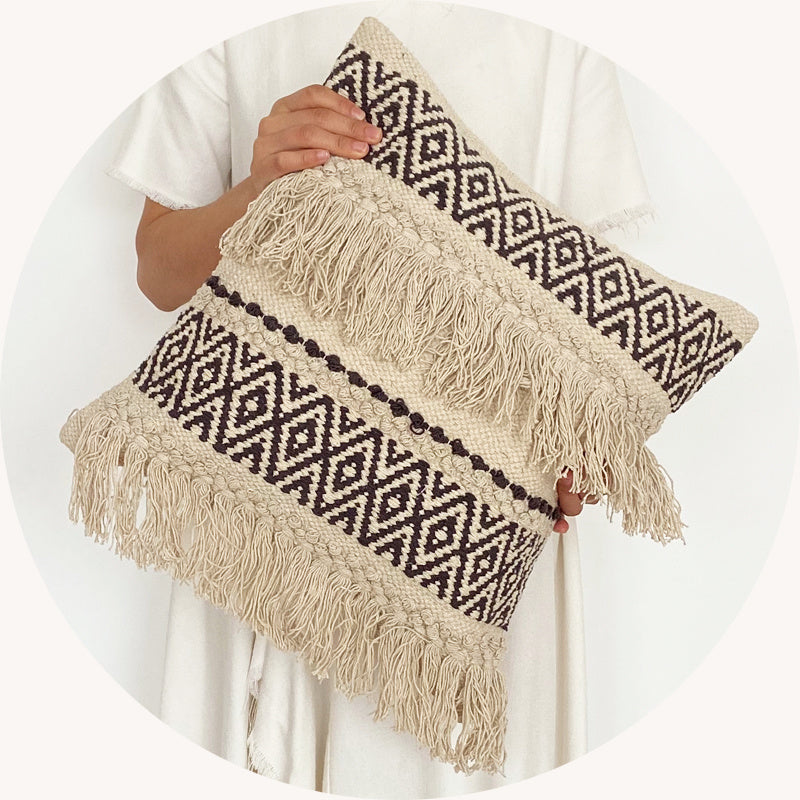 Handwoven Throw Pillow Cover With Tassel Beige Retro