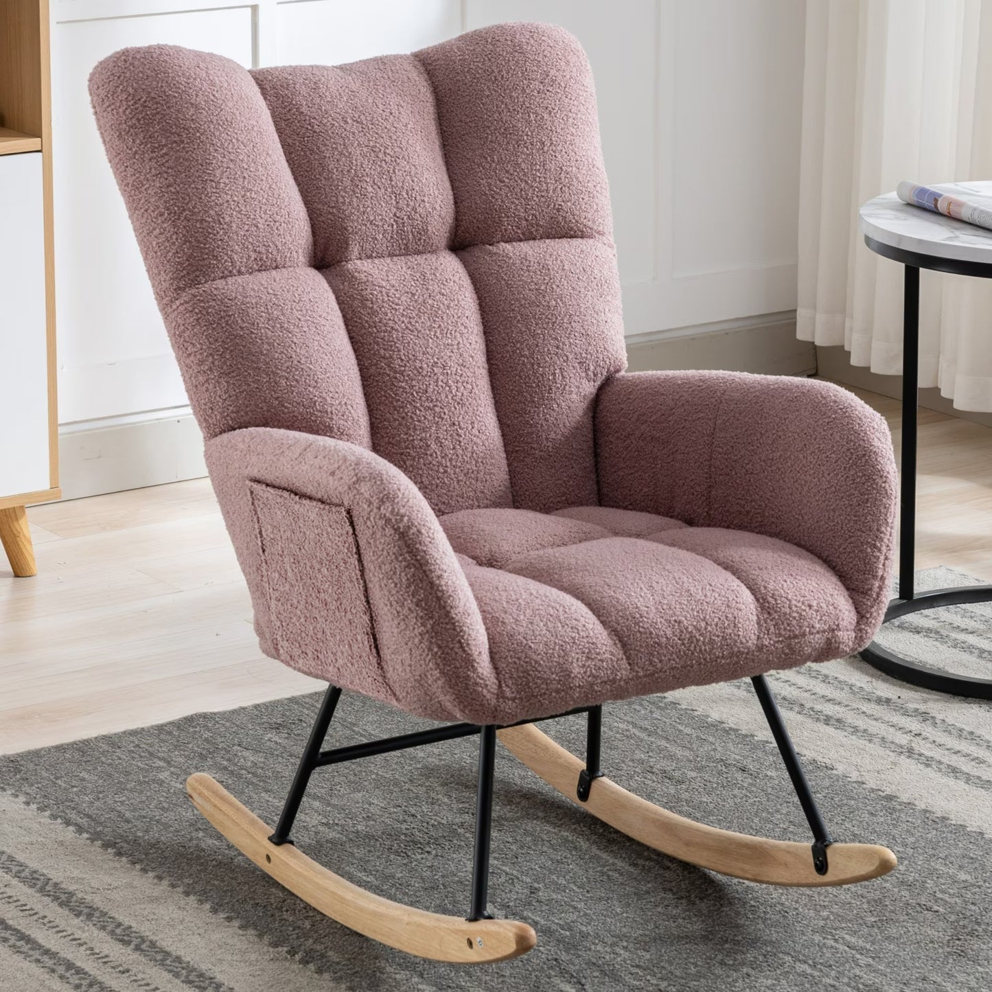 Rocking Chair With Pocket, Soft Teddy Fabric Rocking Chair For Nursery, Comfy Wingback Golider Rocking Chair With Safe Solid Wood Base For Living Room Bedroom Balcony