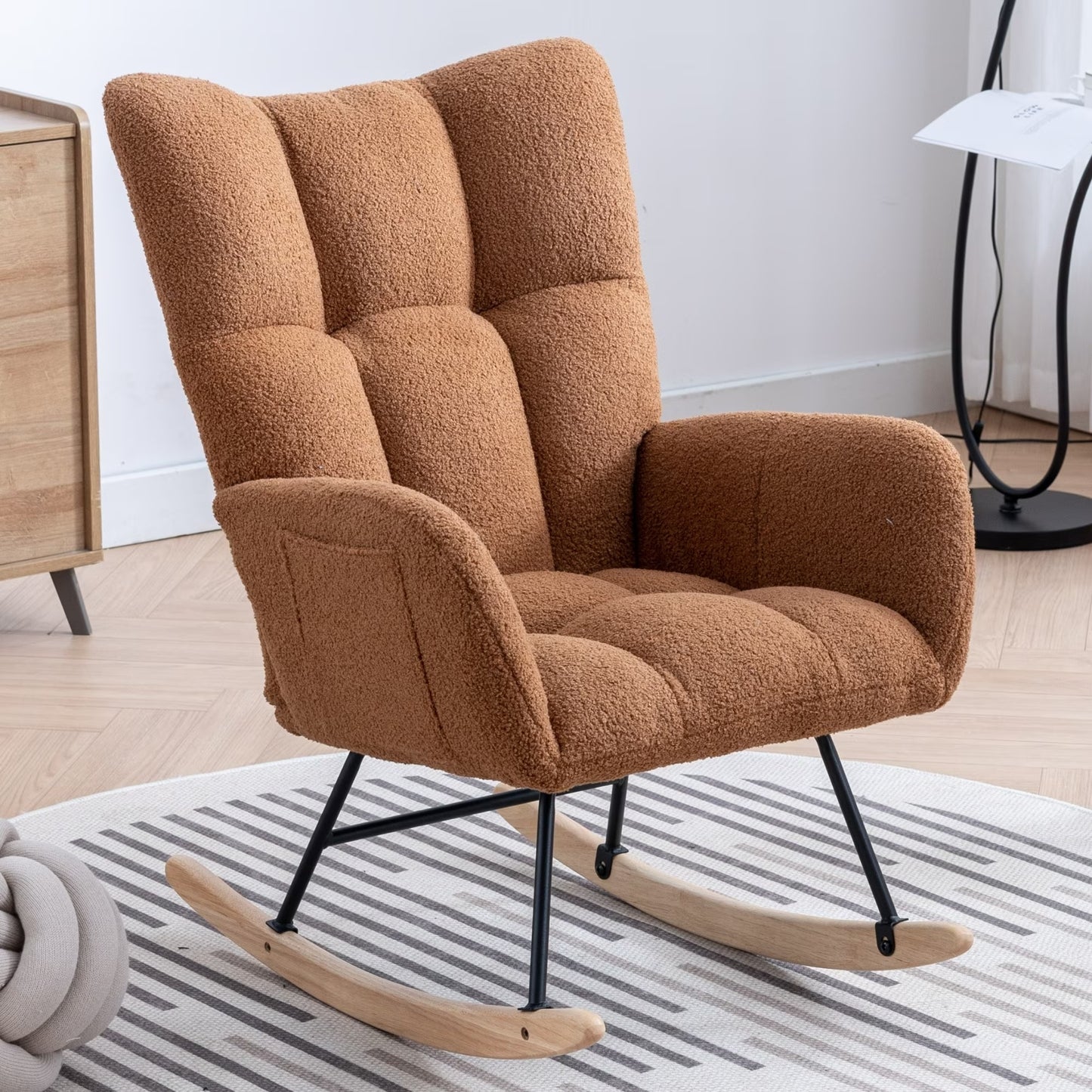 Rocking Chair With Pocket, Soft Teddy Fabric Rocking Chair For Nursery, Comfy Wingback Golider Rocking Chair With Safe Solid Wood Base For Living Room Bedroom Balcony